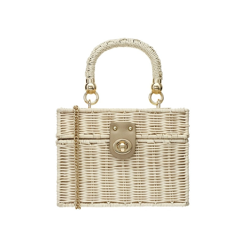 TEEK - Square Box Straw Handbag Bag theteekdotcom Rattan straw beige  