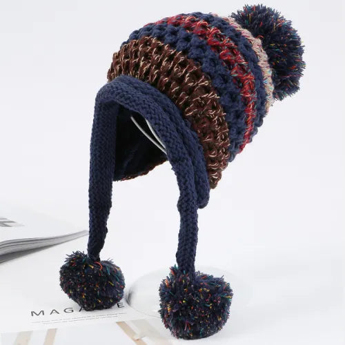 TEEK - Knitted Patchwork Pompom Earflap Beanies HAT theteekdotcom Navy Blue  
