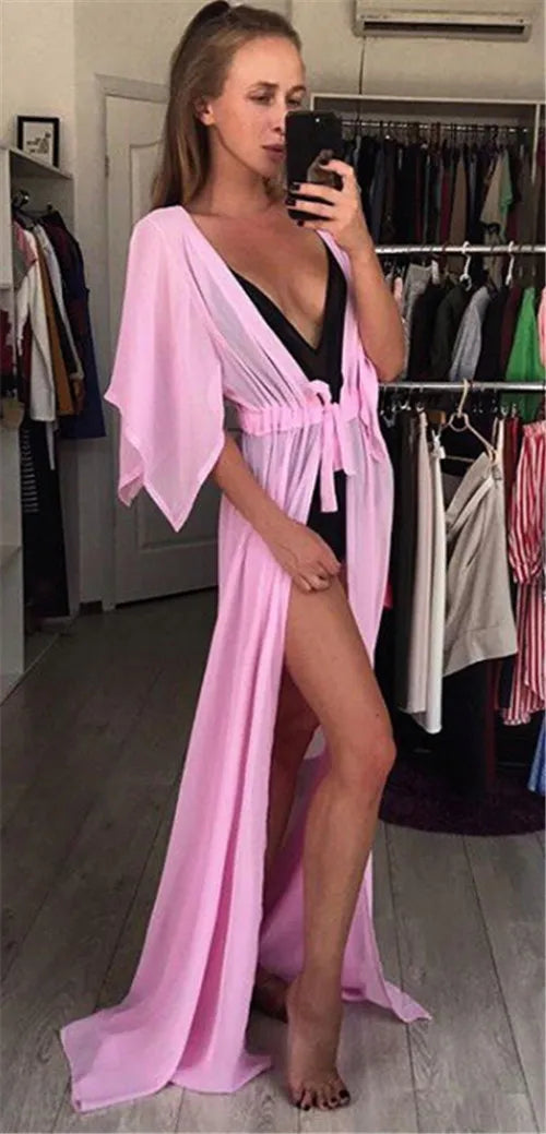 TEEK - Sheer Long Belted Cover Up Beach Dress SWIMWEAR theteekdotcom Pink One Size 