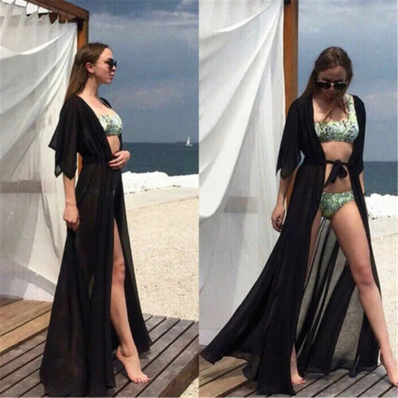 TEEK - Sheer Long Belted Cover Up Beach Dress SWIMWEAR theteekdotcom   