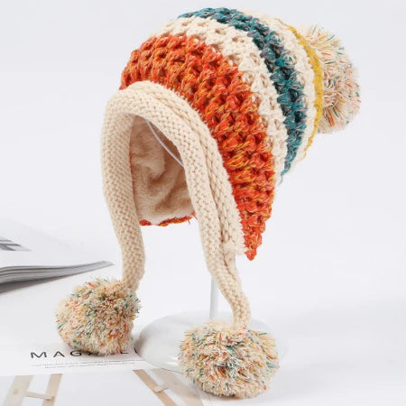TEEK - Knitted Patchwork Pompom Earflap Beanies HAT theteekdotcom Beige  