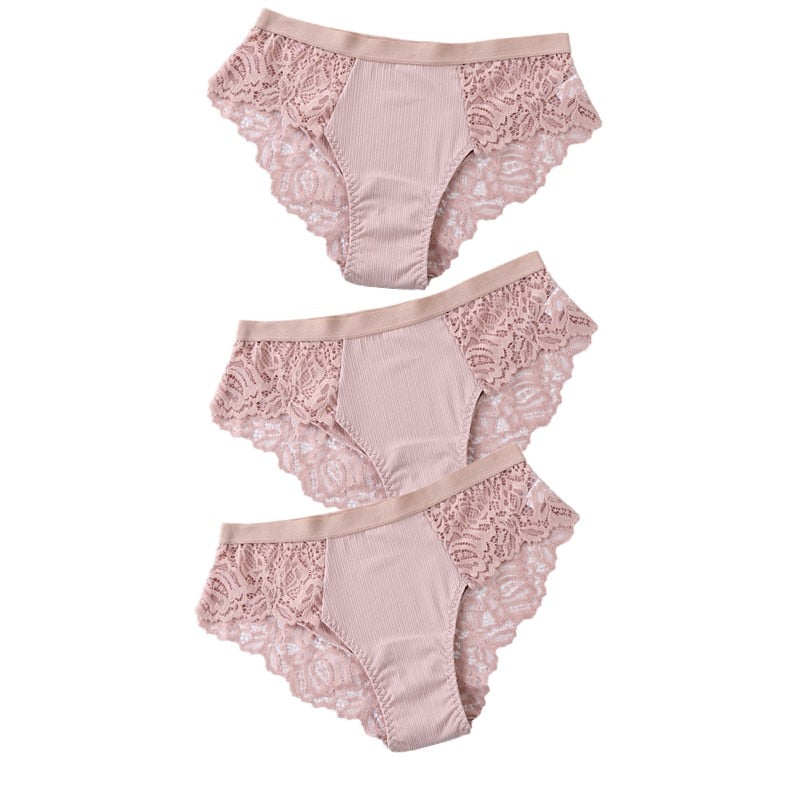 TEEK - 3 Pcs Set of Cotton Lace Panties UNDERWEAR theteekdotcom PinkPinkPink US S/ Asian L 3pcs