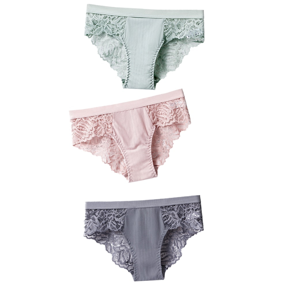 TEEK - 3 Pcs Set of Cotton Lace Panties UNDERWEAR theteekdotcom GreenPinkGray US S/ Asian L 3pcs