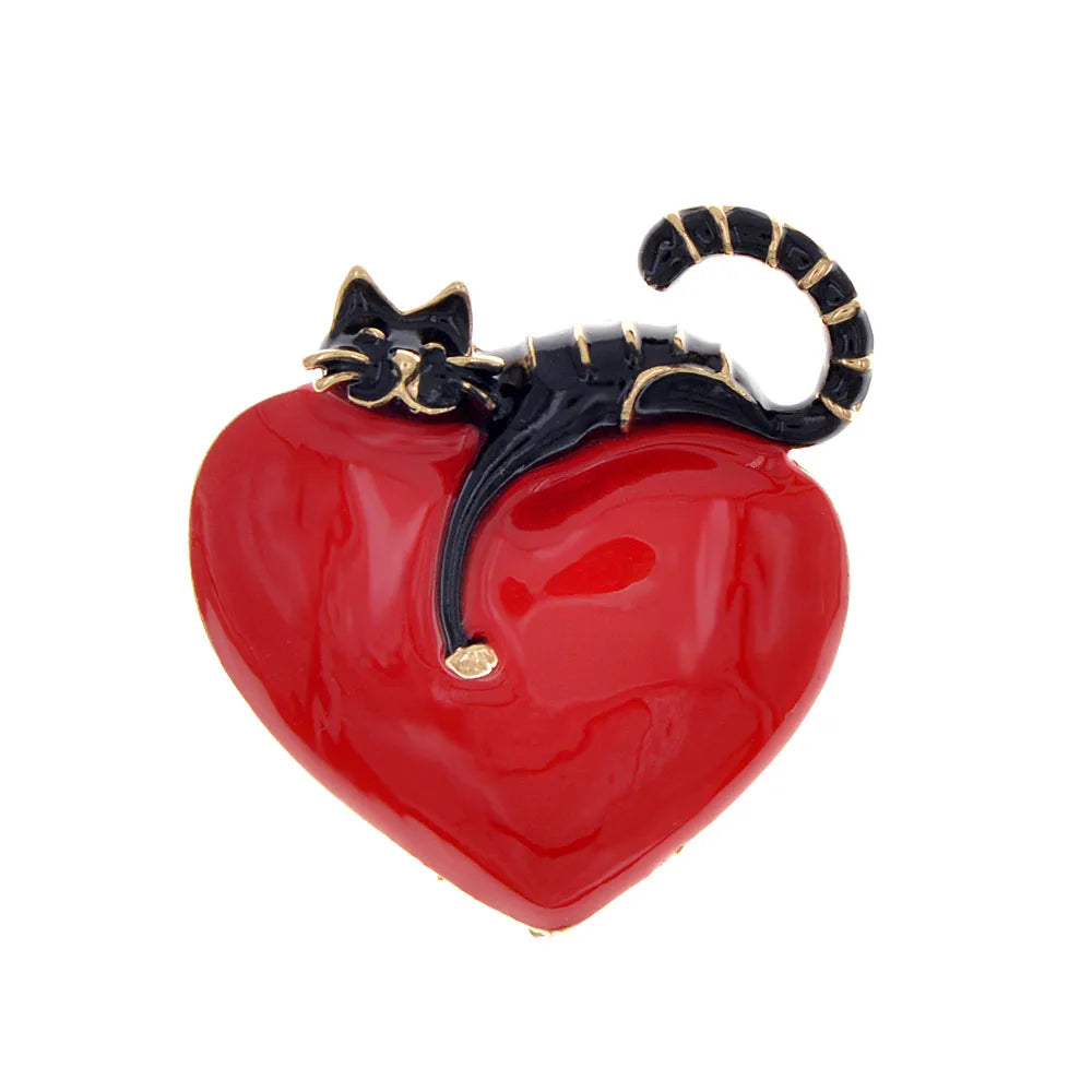 TEEK - Enamel Heart And Cat Brooch JEWELRY theteekdotcom black