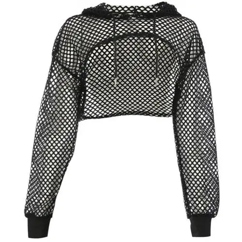 TEEK - Fish Net Drawstring Shrug Hooded Crop Top TOPS theteekdotcom Black S