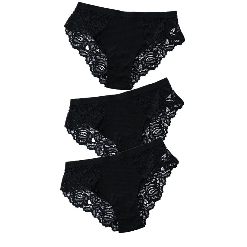 TEEK - 3 Pcs Set of Cotton Lace Panties UNDERWEAR theteekdotcom BlackBlackBlack US S/ Asian L 3pcs
