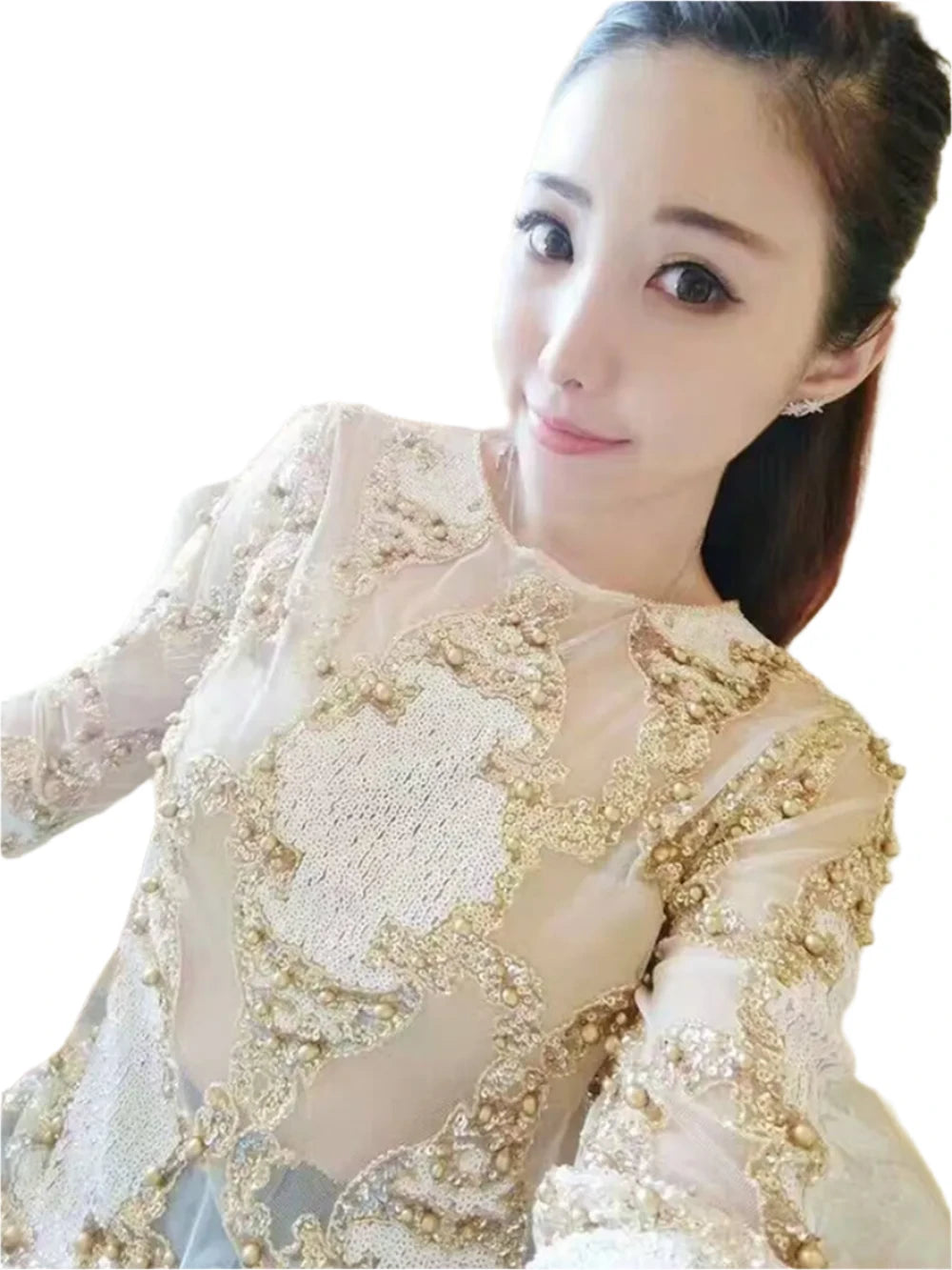 TEEK - Crystal Sequins Embroidery Lace Top TOPS theteekdotcom gold S