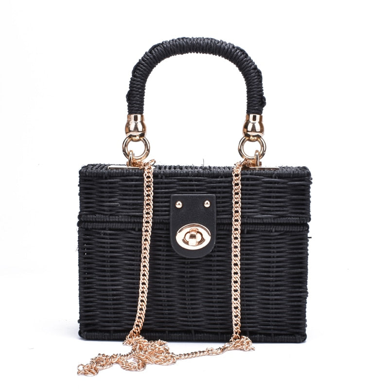 TEEK - Square Box Straw Handbag Bag theteekdotcom Rattan straw black  