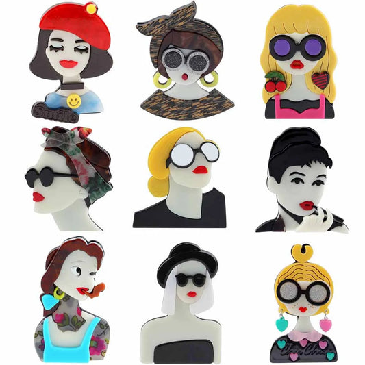 New Design Unique Lady Figure Acrylic Brooch Pins For Women Girls Brooches Pins Lapel Badges Bag Decorations Party Dress Jewelry TEEK
