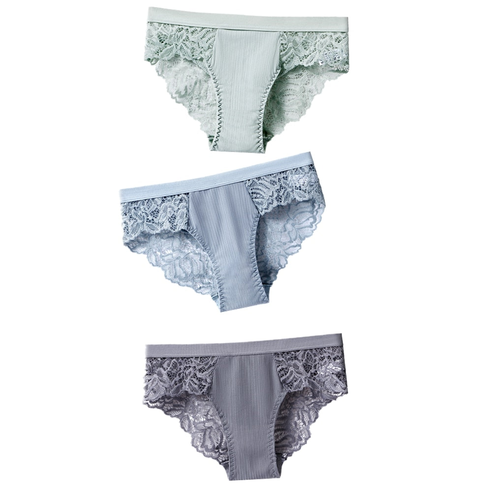 TEEK - 3 Pcs Set of Cotton Lace Panties UNDERWEAR theteekdotcom GreenBlueGray US S/ Asian L 3pcs