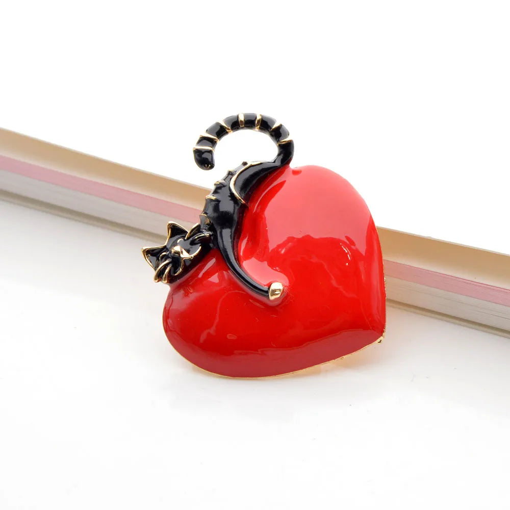 TEEK - Enamel Heart And Cat Brooch JEWELRY theteekdotcom