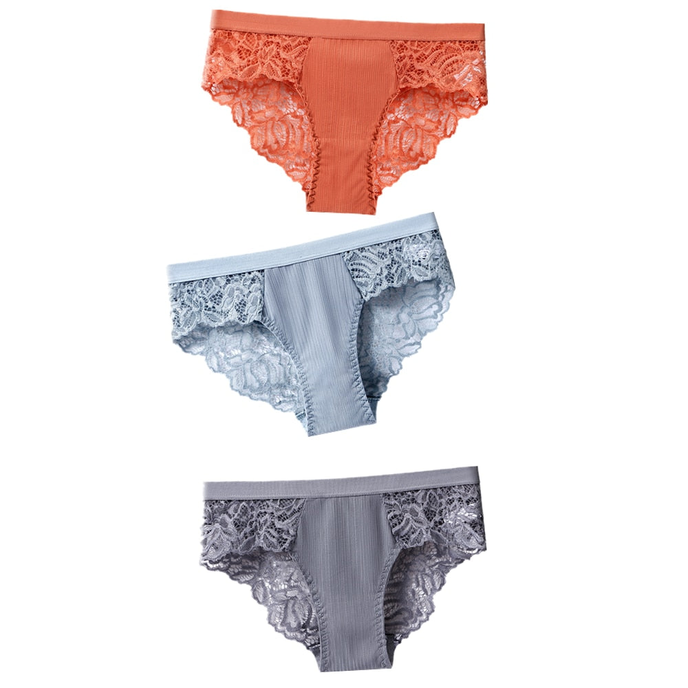 TEEK - 3 Pcs Set of Cotton Lace Panties UNDERWEAR theteekdotcom CaramelBlueGray US S/ Asian L 3pcs