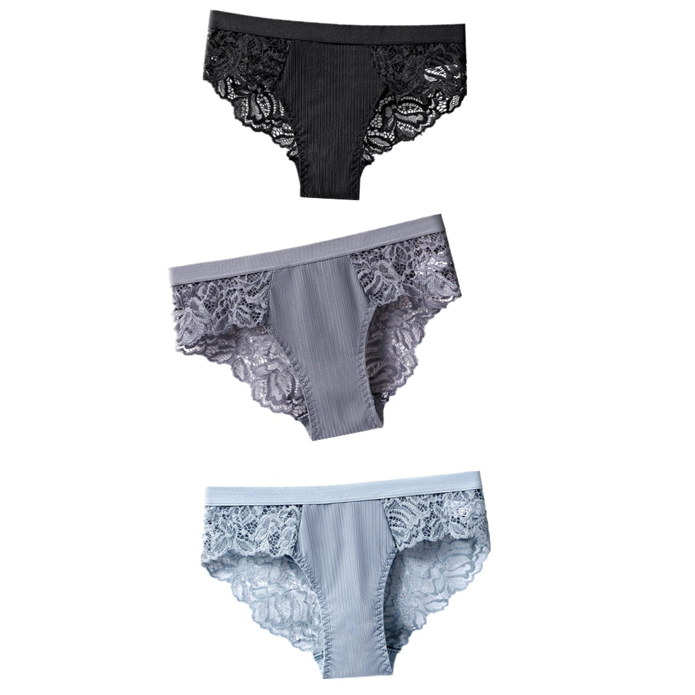 TEEK - 3 Pcs Set of Cotton Lace Panties UNDERWEAR theteekdotcom BlackGrayBlue US S/ Asian L 3pcs