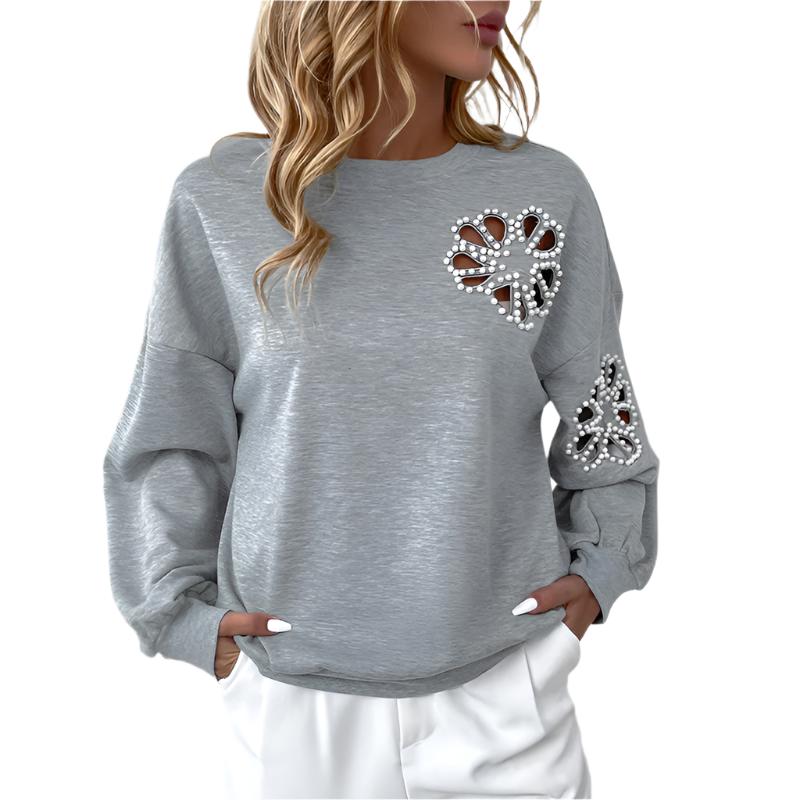 TEEK - Grey Beaded Stencil Flower Loose Pullover Sweatshirt TOPS kakaclo S