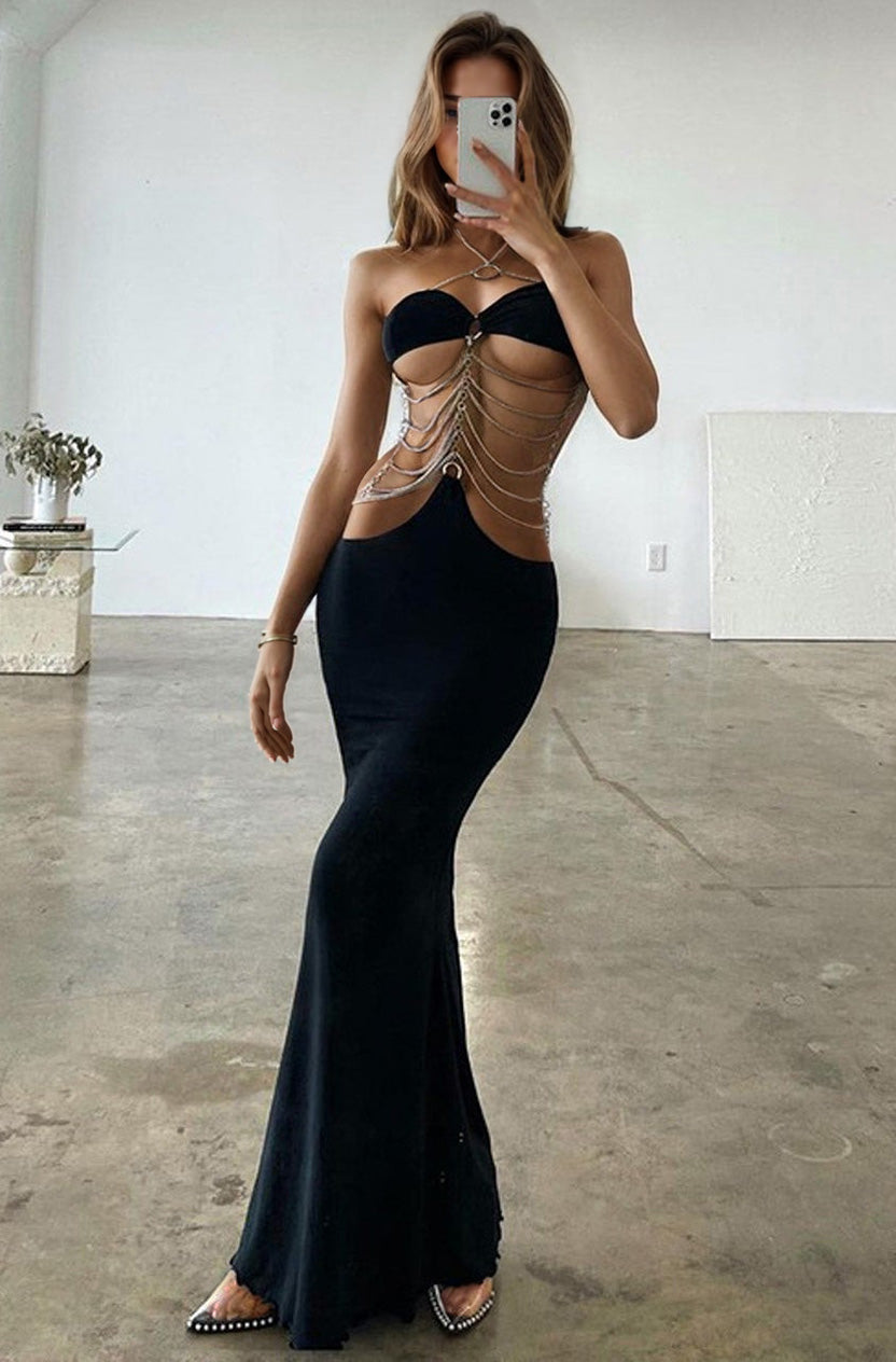 TEEK - Ultra Sexy Drape Chain Black Dress - TEEK TEEK - Ultra Sexy Drape Chain Black Dress - TEEK