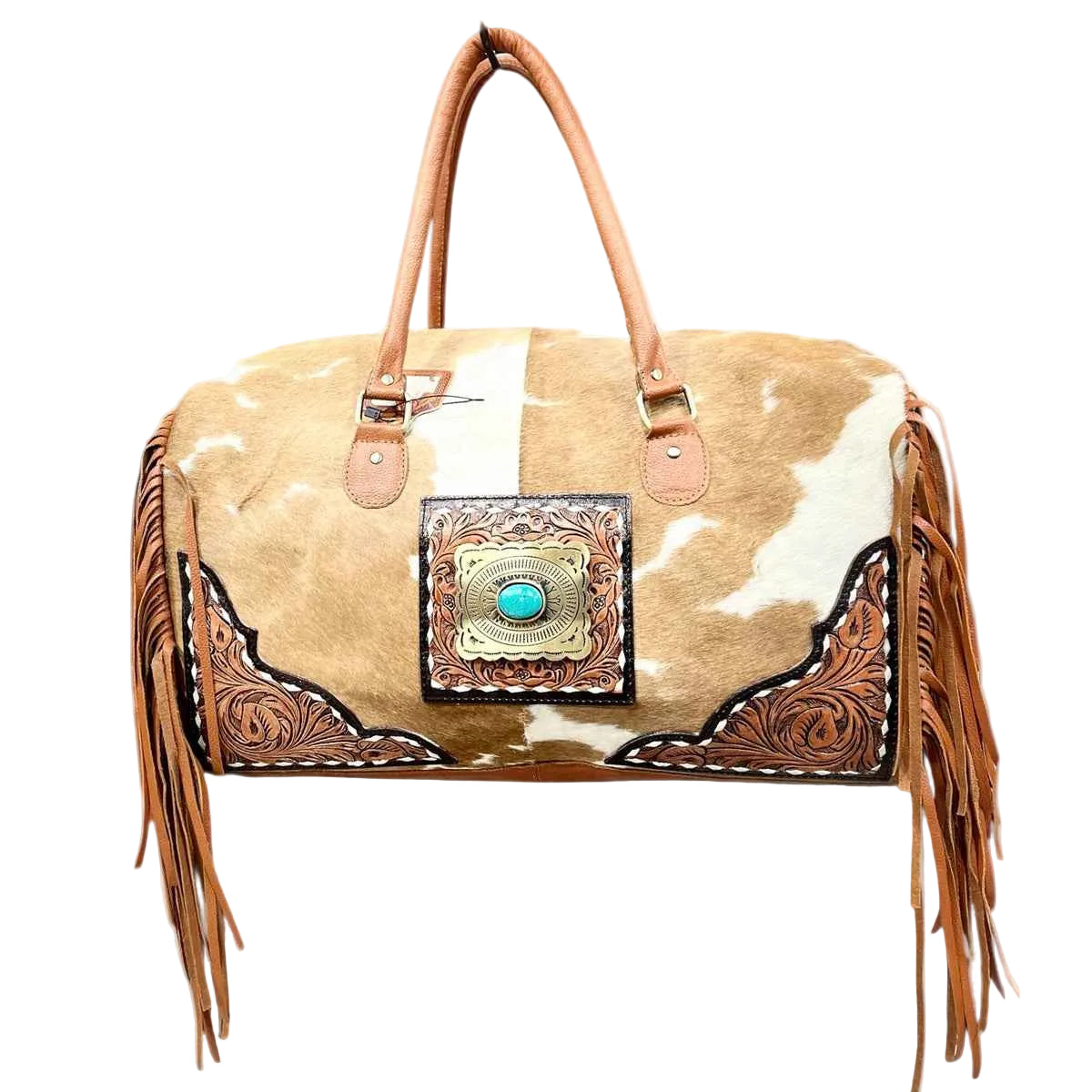 TAN TOOLED LEATHER & COWHIDE DUFFLE BAG Duffle Bag Whiskey Black & Co