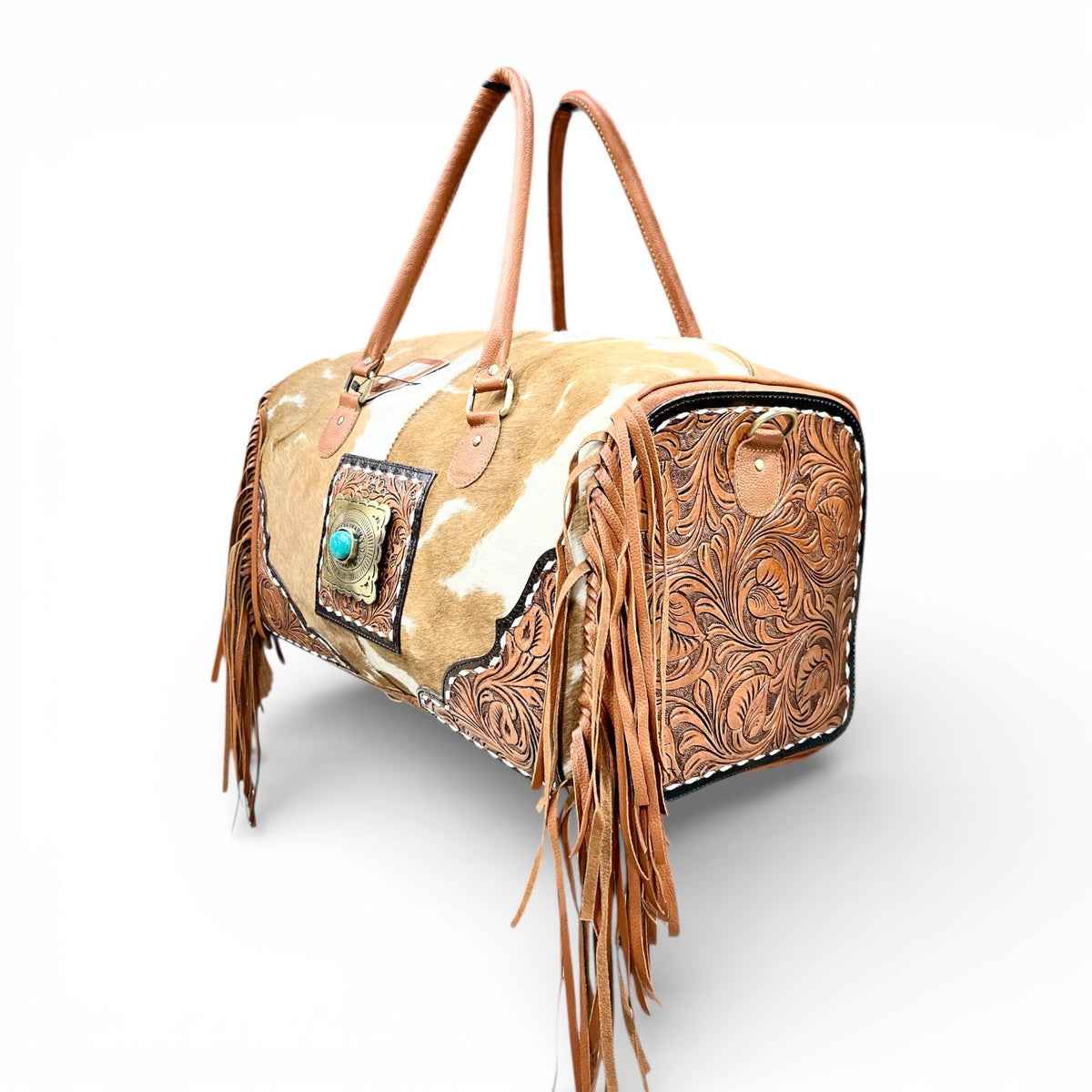TAN TOOLED LEATHER & COWHIDE DUFFLE BAG Duffle Bag Whiskey Black & Co