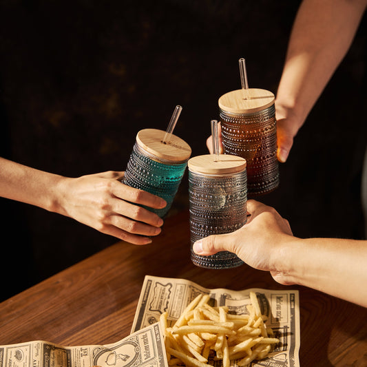 TEEK - Tonal Hobnail Highball Lid Glass Straw Glassware Set of 6 HOME DECOR TEEK KS