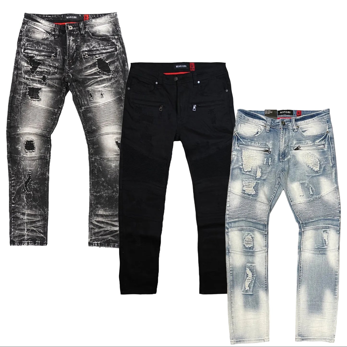 Jeans | M1786 Prado Biker Jeans Set of 3 JEANS Makobi Jeans USA BLACK|JET BLACK|LIGHT WASH 30/32