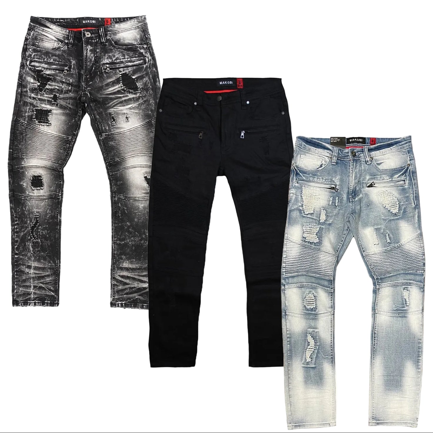 Jeans | M1786 Prado Biker Jeans Set of 3 JEANS Makobi Jeans USA BLACK|JET BLACK|LIGHT WASH 30/32