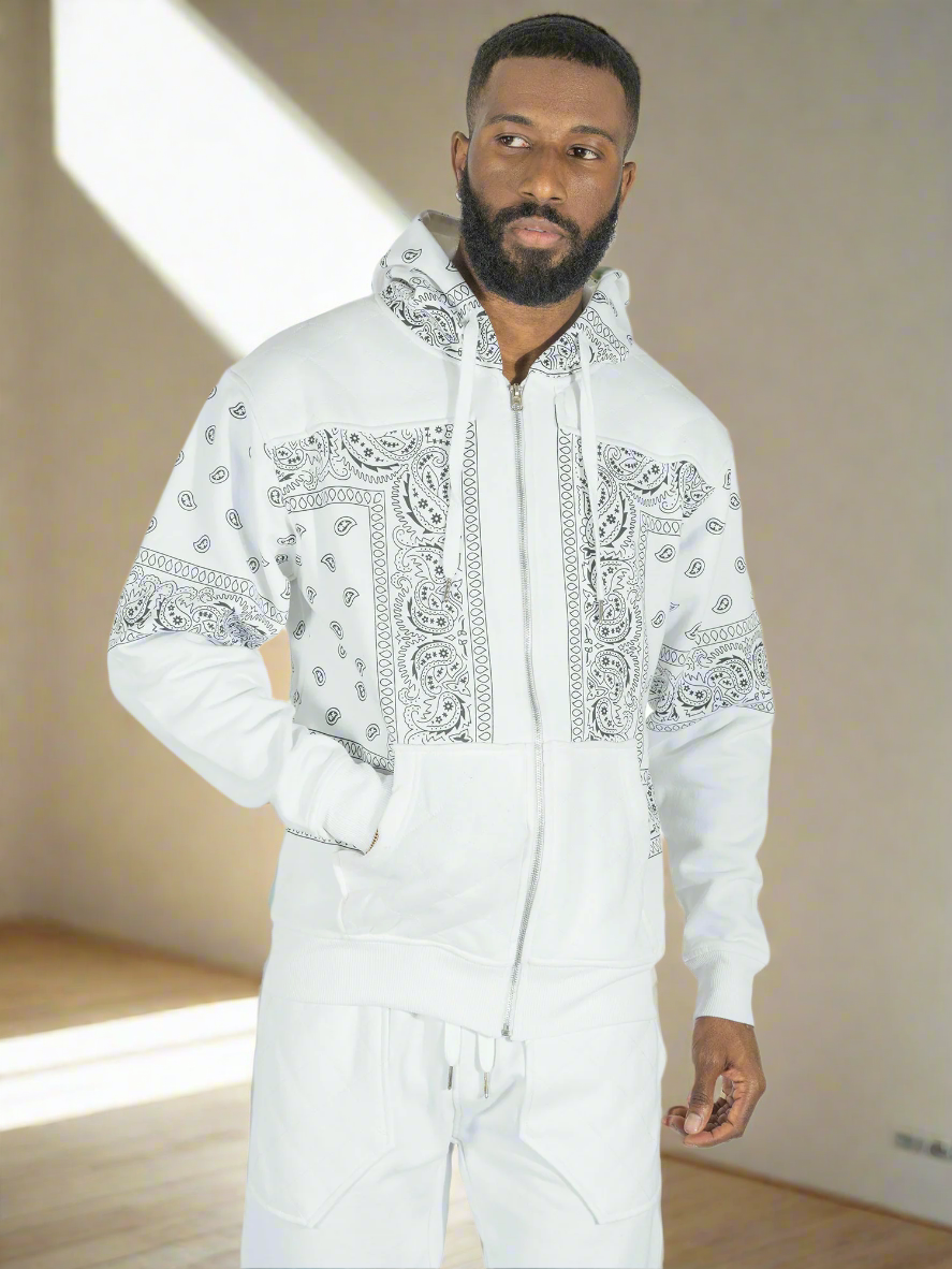 TEEK - M3565 Bandana Fleece Zip-up Hoodie - White TOPS TEEK MJ