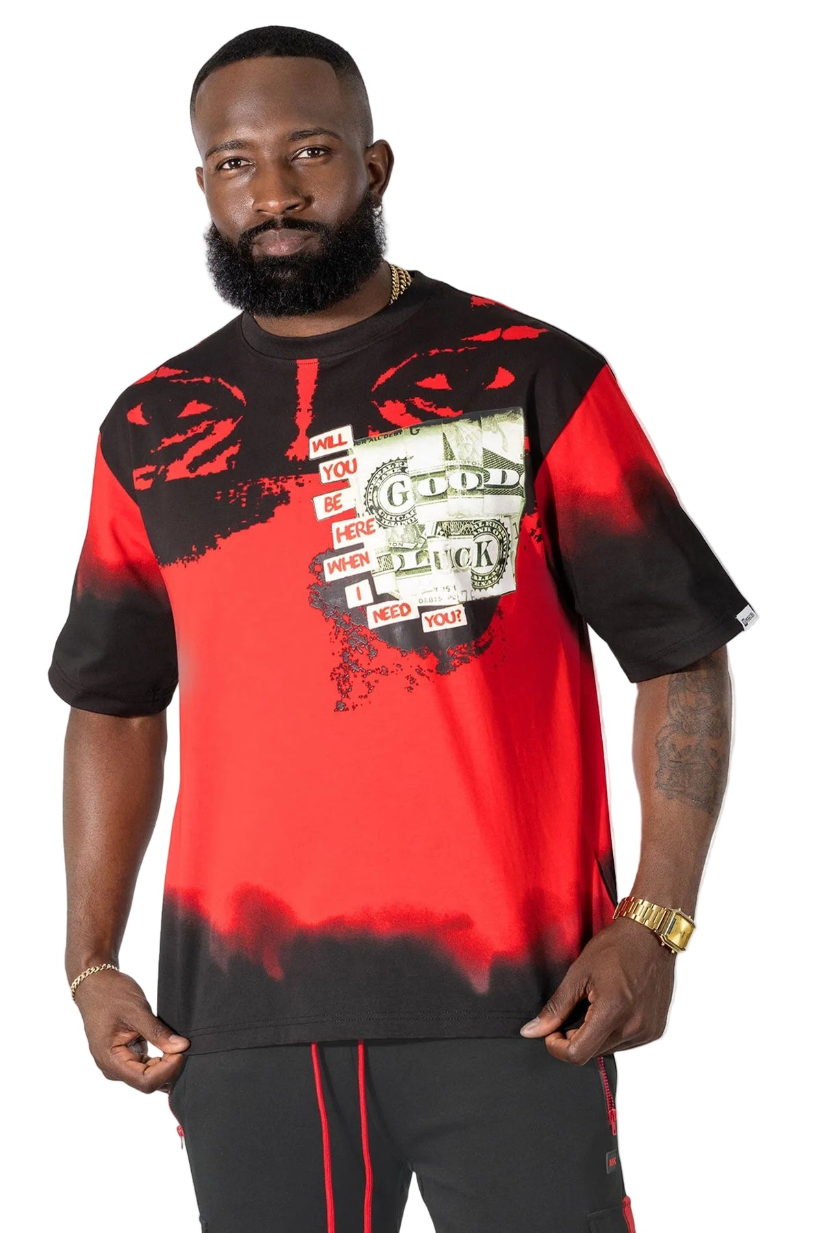 M369 Good Luck Money Oversized Tee - Red Shirts & Tops Makobi Jeans USA RED S