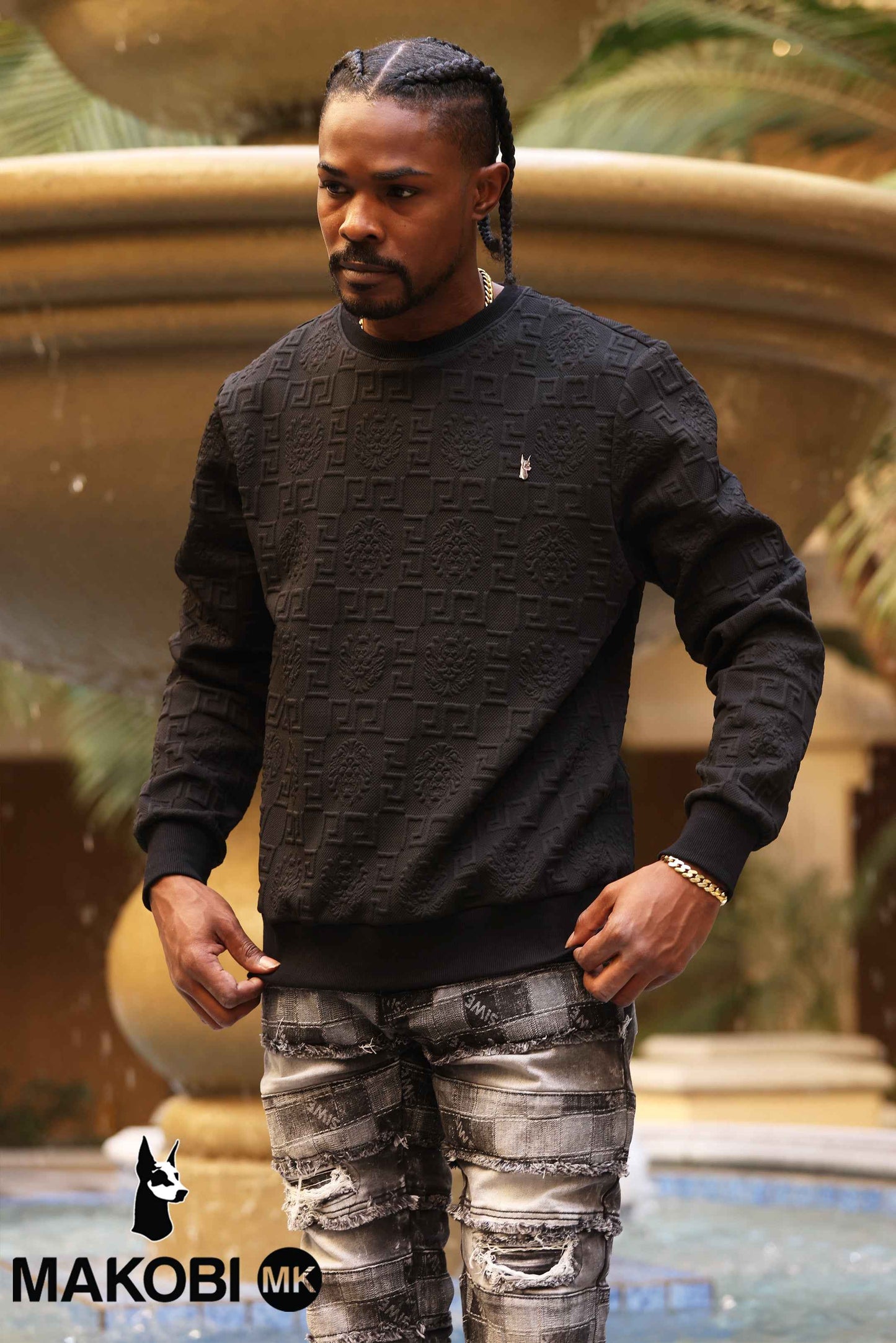 M4232 Bianchi Jacquard Crewneck Sweatshirt - Black Sweatshirt Makobi Jeans USA