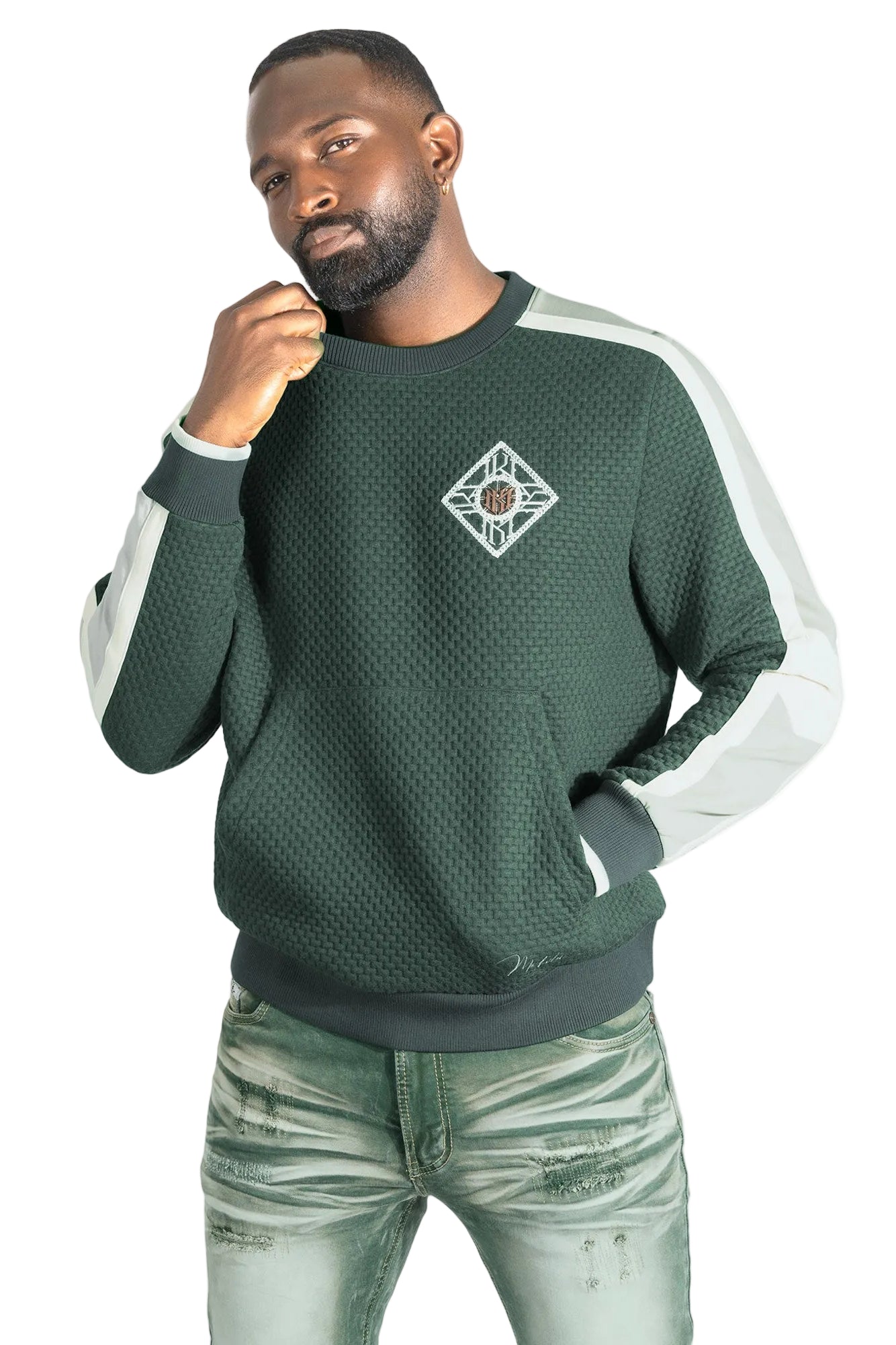 Sweatshirt | M4555 Lorenzo Jacquard Crewneck - Green Sweatshirt Makobi Jeans USA