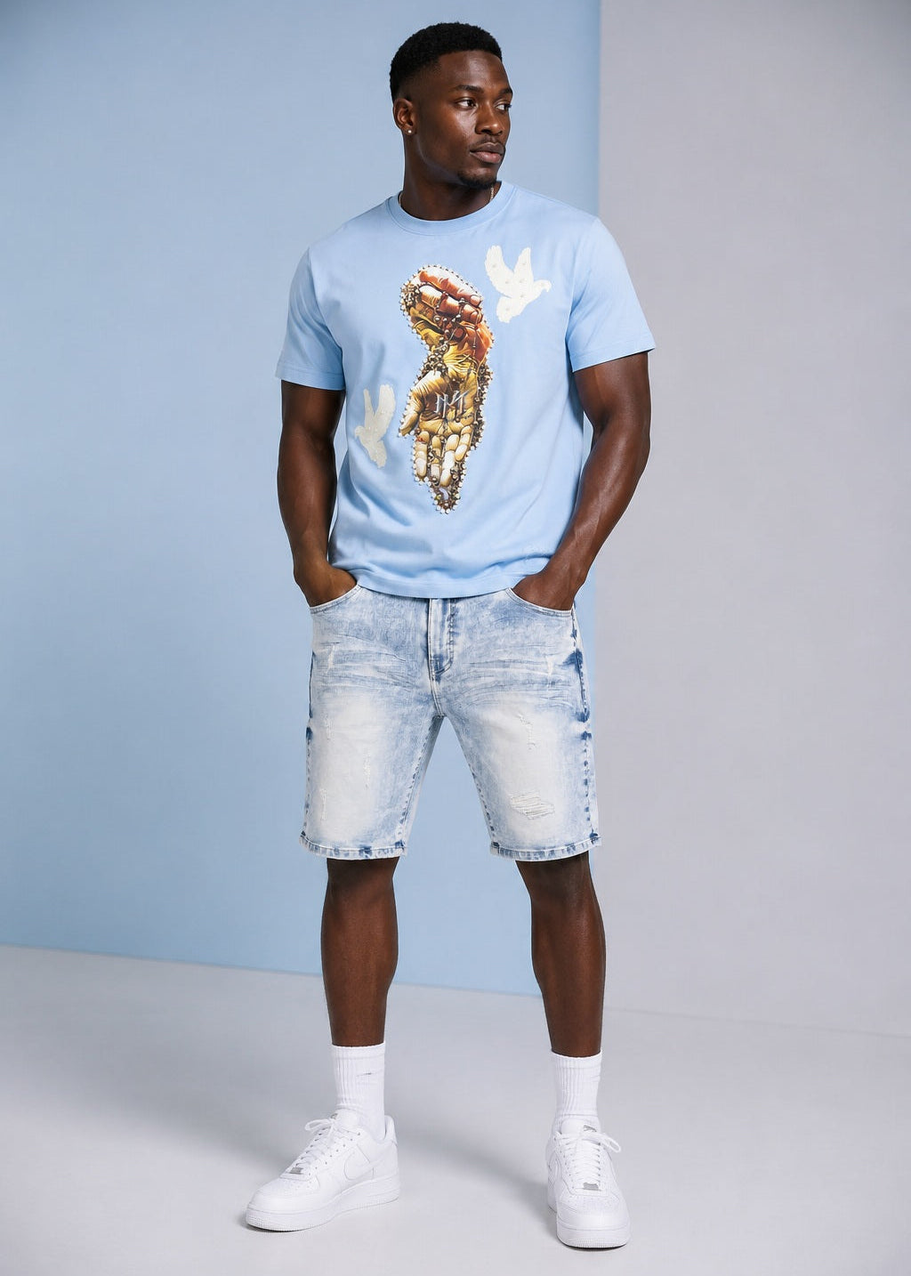 M613 Pastoni Denim Shorts - Light Wash Shorts Makobi Jeans USA