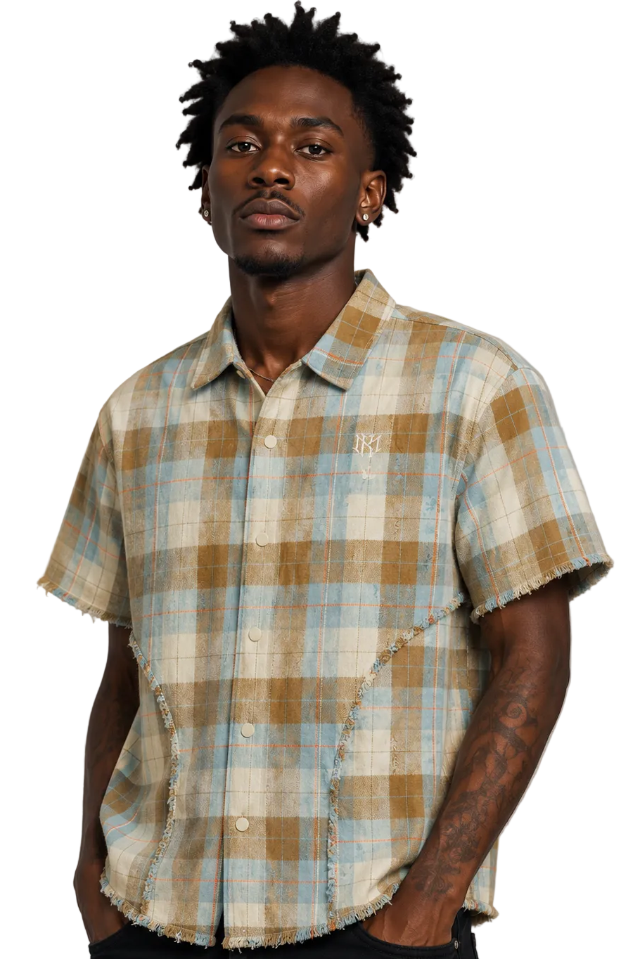 M838 Tesoro Plaid Shirt - Khaki Button Down Makobi Jeans USA