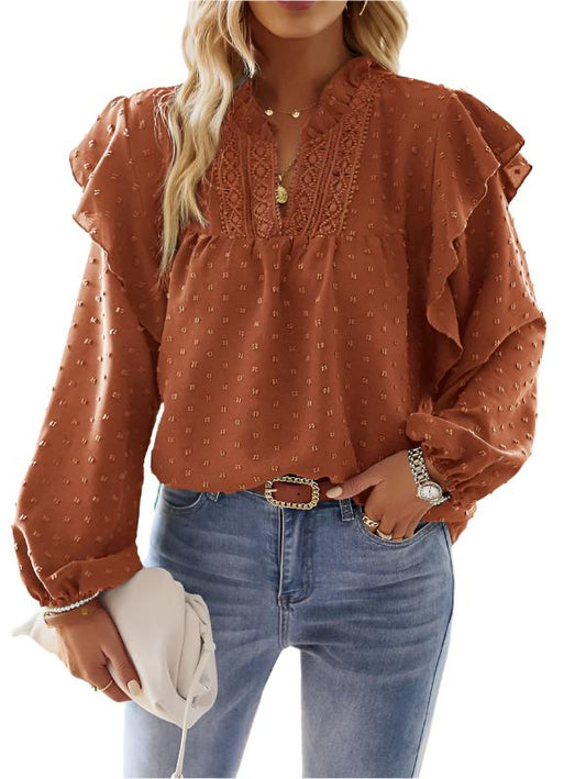 TEEK - Ruffled Lantern Sleeve Lace Top TOPS kakaclo Brown S