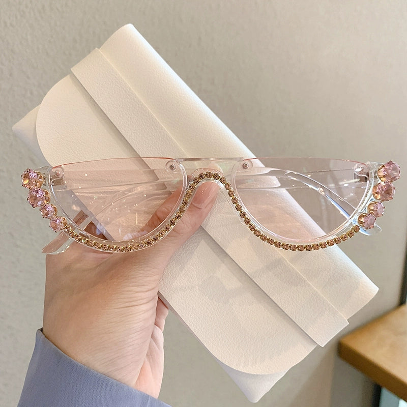 TEEK - Half-Rim Jewel Drop Diamond Sunglasses EYEGLASSES theteekdotcom Transparent + Powder  