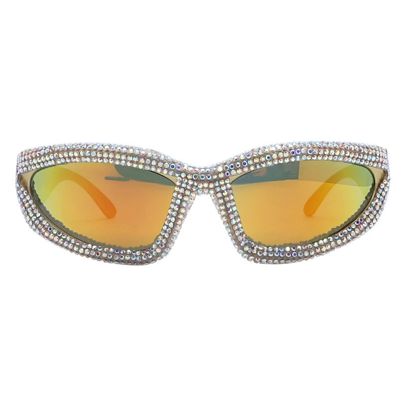 TEEK - One-Piece Oblong Diamond Sunglasses EYEGLASSES theteekdotcom Bright Gold Frame Red  