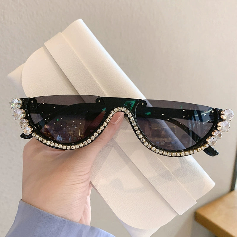 TEEK - Half-Rim Jewel Drop Diamond Sunglasses EYEGLASSES theteekdotcom Black + Black Gray  