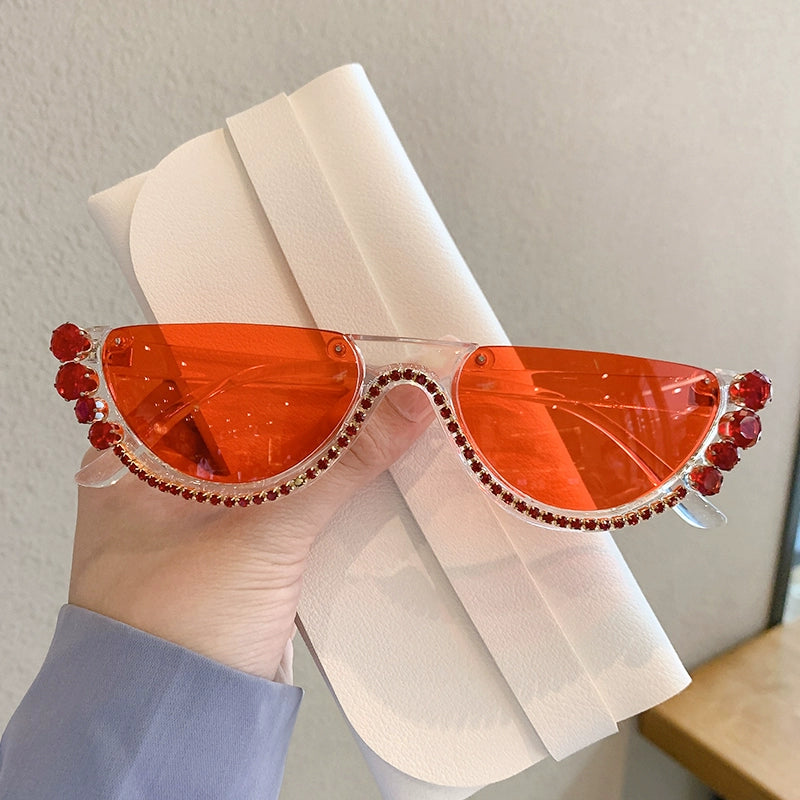 TEEK - Half-Rim Jewel Drop Diamond Sunglasses EYEGLASSES theteekdotcom Transparent + Red  