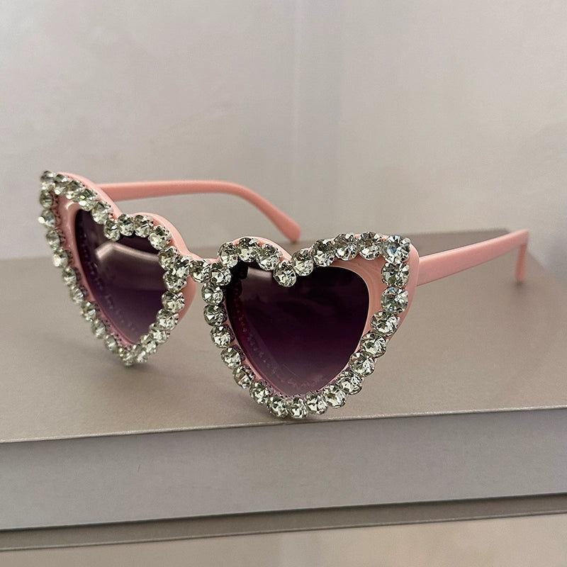 TEEK - Bejeweled Heart Sunglasses EYEGLASSES theteekdotcom Powder Frame + Double Gray  