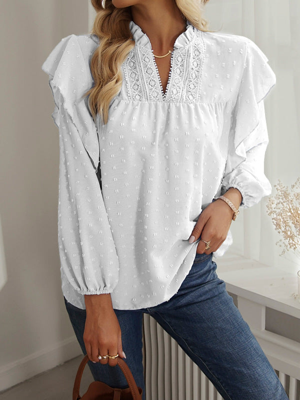 TEEK - Ruffled Lantern Sleeve Lace Top TOPS kakaclo White S