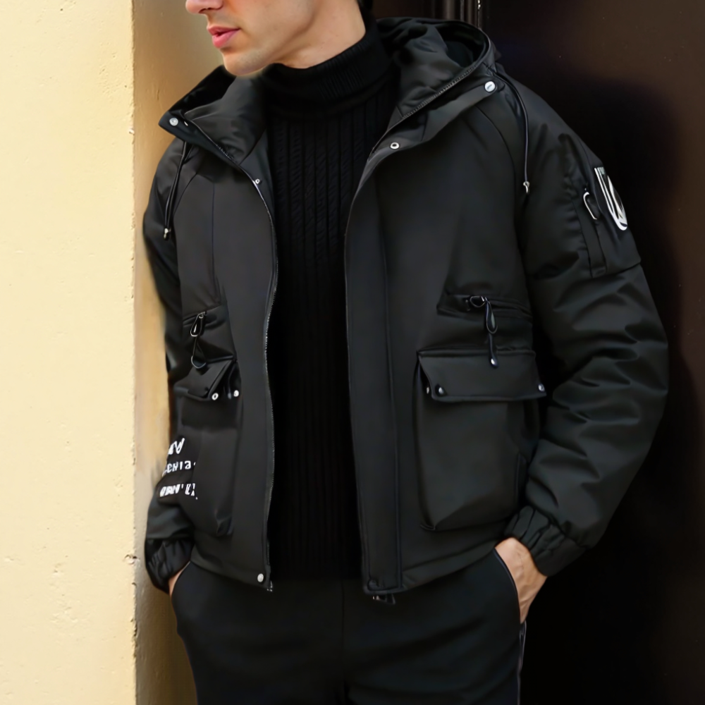 TEEK - Mens High Collar Zipper Hooded Jacket COAT TEEK 1TFY Black S