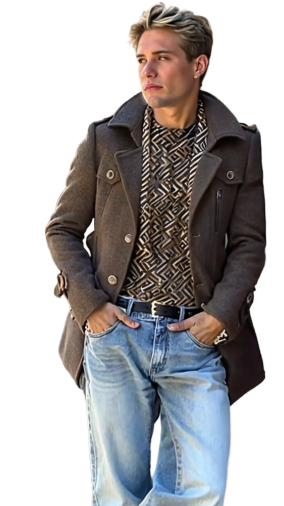 TEEK - Mens Layered Collar Button Front Mid Length Coat COAT TEEK 1TFY Khaki S