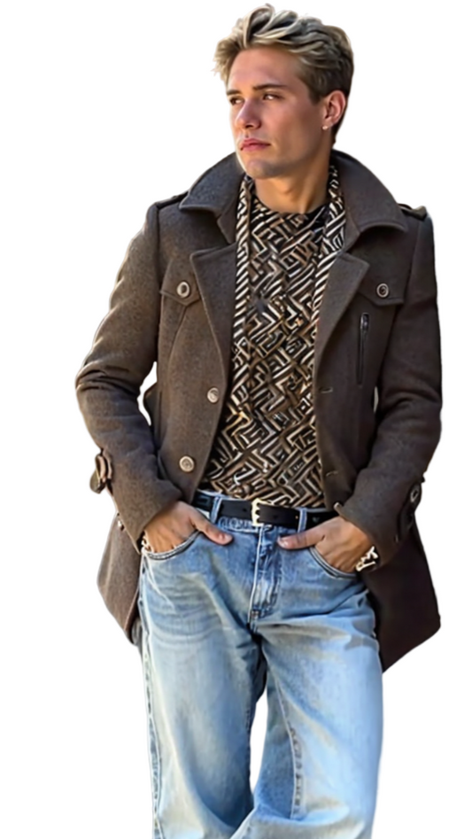 TEEK - Mens Layered Collar Button Front Mid Length Coat COAT TEEK 1TFY Khaki S