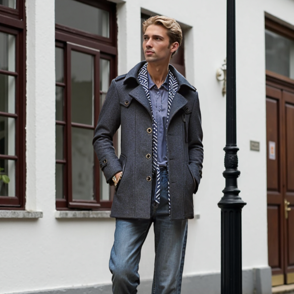 TEEK - Mens Layered Collar Button Front Mid Length Coat COAT TEEK 1TFY Gray S