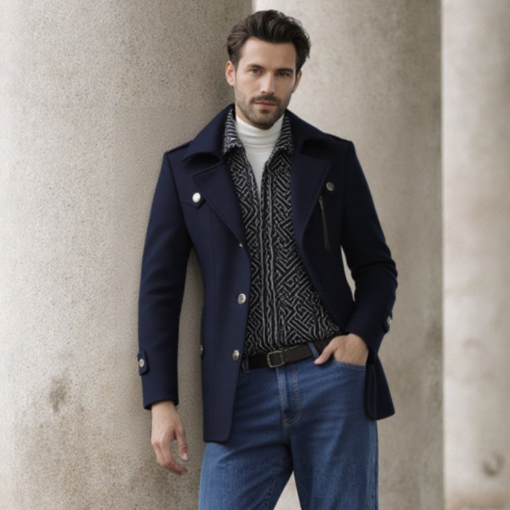 TEEK - Mens Layered Collar Button Front Mid Length Coat COAT TEEK 1TFY Navy S