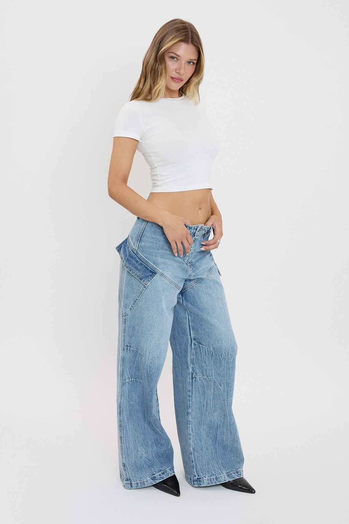 TEEK - Womens Slanted Cargo Wide Leg Jeans JEANS TEEK YMJ Y Washed Blue 1