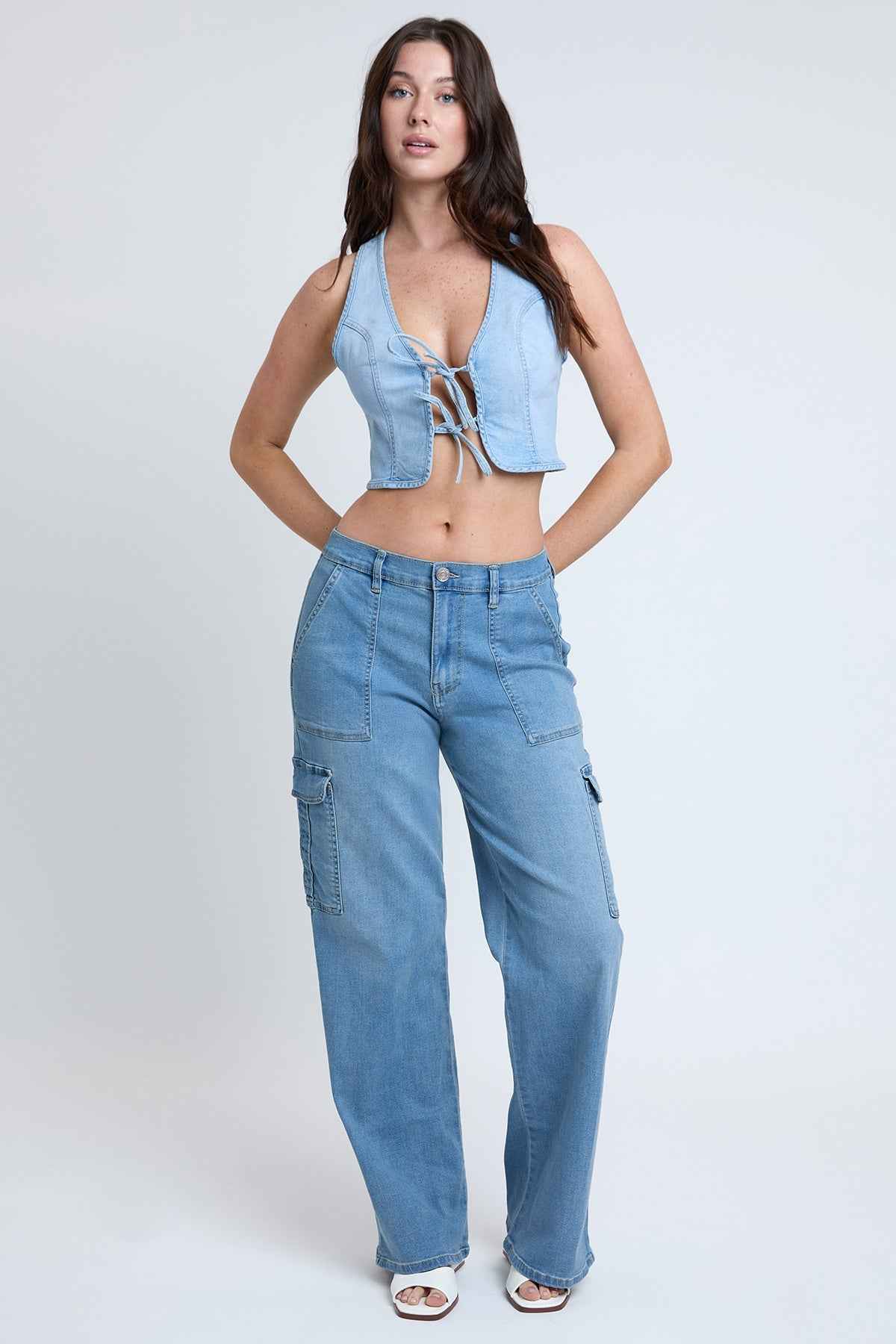 TEEK - Womens Elastic Waist Straight Cargo Jeans JEANS TEEK YMJ C Sky Blue S