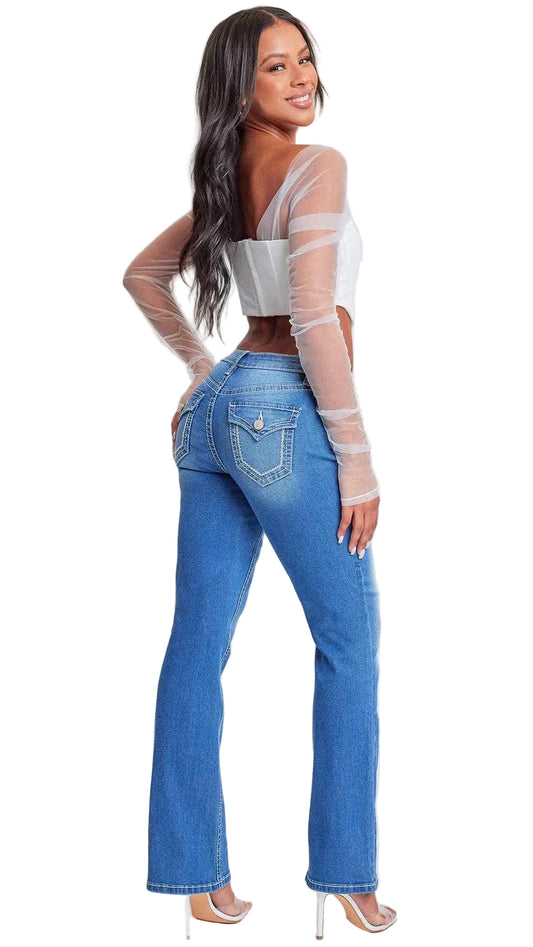 Women's Heavy Stitch with Embroidered Pockets Bootcut Jeans
