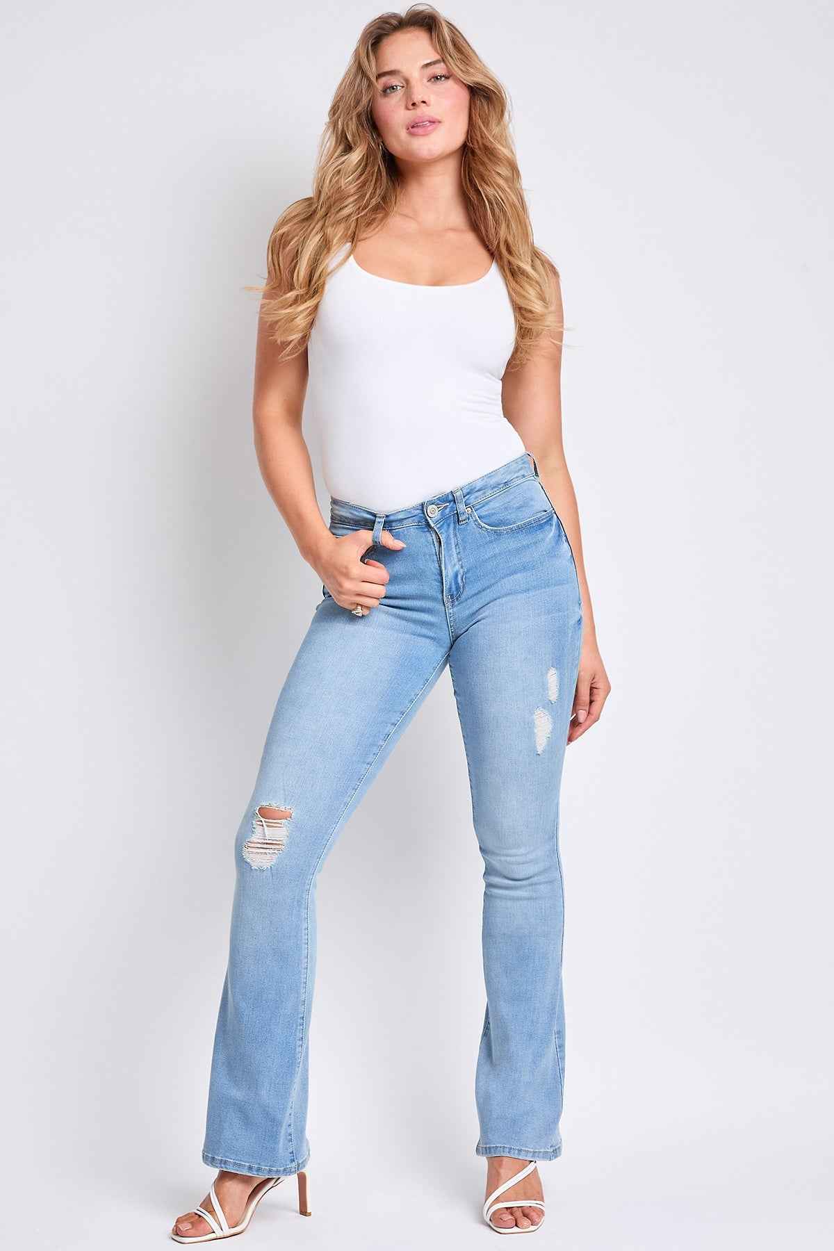 TEEK - Womens Essential Flare Jeans - Long Inseam Pants YMI JEANS L Light Blue Rips 1