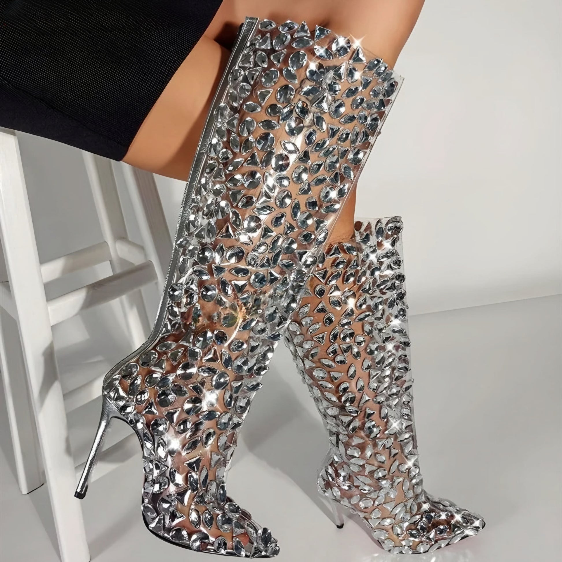 TEEK - Rhinestone Silver Knee-High Boots SHOES theteekdotcom 5