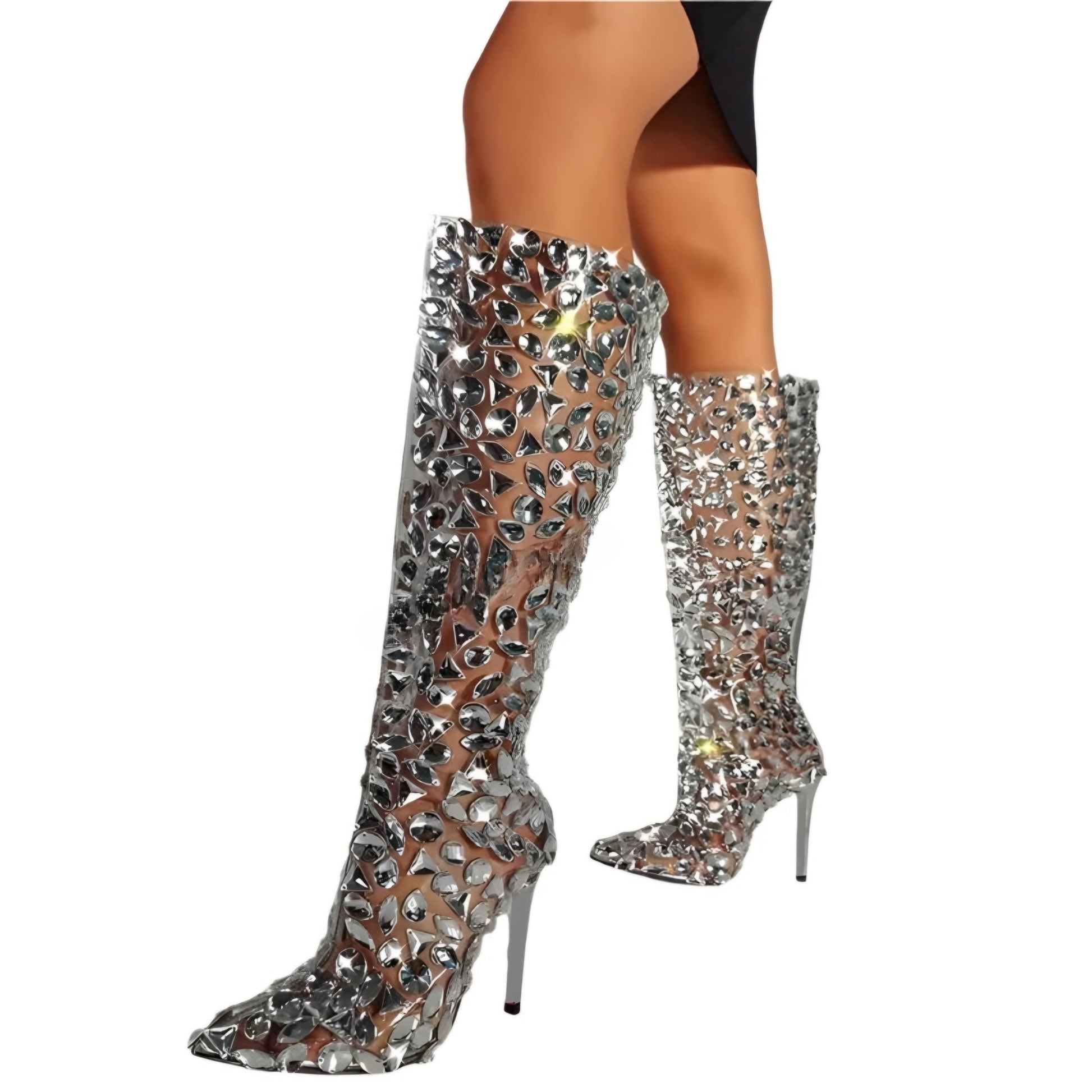 TEEK - Rhinestone Silver Knee-High Boots SHOES theteekdotcom