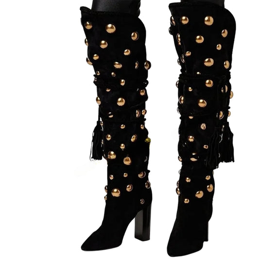 TEEK - Gold Studded Tasseled Knee High Boots SHOES theteekdotcom