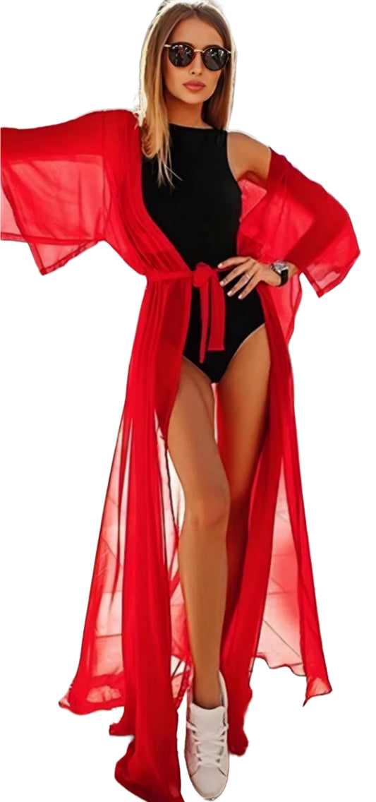 TEEK - Sheer Long Belted Cover Up Beach Dress SWIMWEAR theteekdotcom   